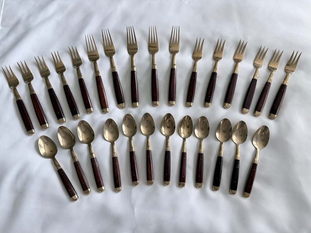 Vintage MCM Thailand Brass And Rosewood Flatware Set 29 Pieces